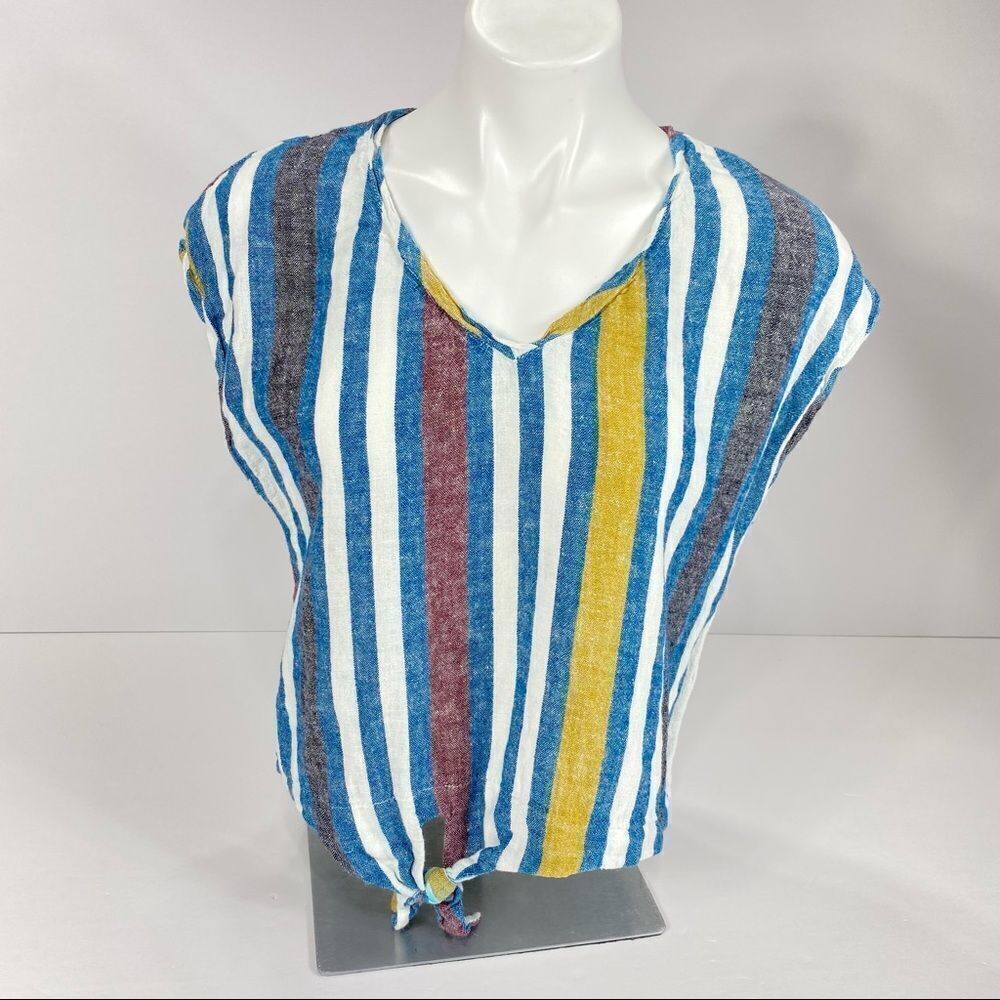 Drew Linen Blend Striped Scoop Neck Tie Front Top M